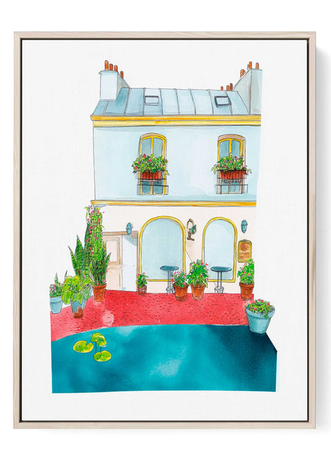 Parisian café watercolor print with courtyard pond and flower boxes

