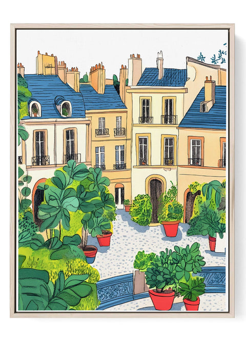 Parisian courtyard watercolor print with potted green plants

