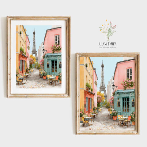 Parisian street scene artwork showing teal and terracotta storefronts with flower pots