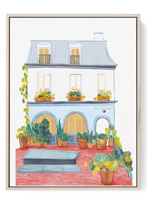 Parisian watercolor print of flower-filled windows and red courtyard

