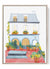 Parisian watercolor print of flower-filled windows and red courtyard