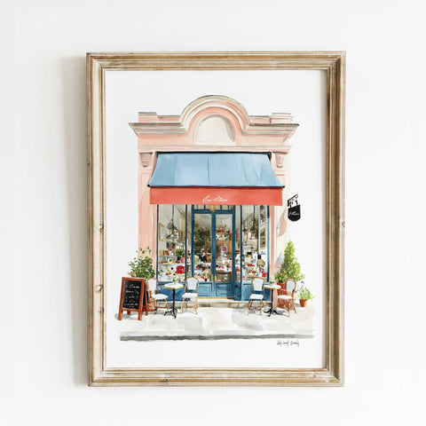 Parisian Café Watercolor Wall Art – Elegant French Bakery Illustration