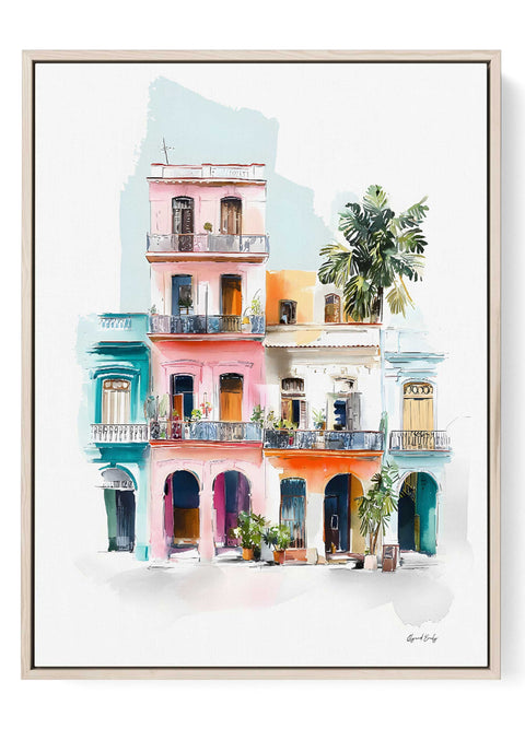 Pastel Havana row houses wall art featuring pink turquoise and orange colonial buildings