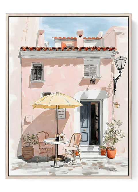 Pastel Mediterranean café watercolor wall art