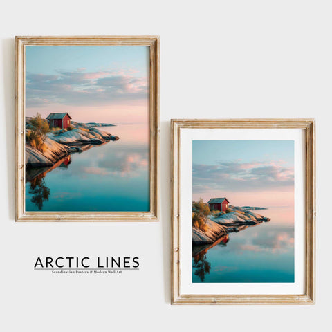 Pastel blue and pink sky over Nordic coastline fine art photograph print
