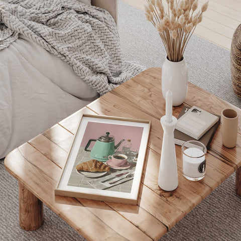 Pastel pink and black line art in a contemporary kitchen photography print.