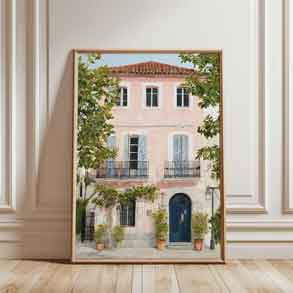 Pastel pink, sky blue, and terracotta color scheme in a fine art print.