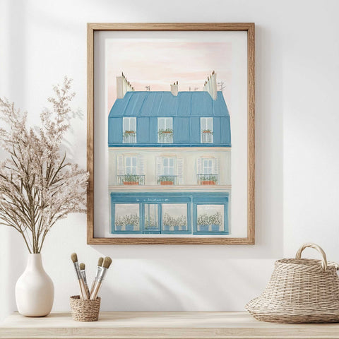 Peaceful Paris apartment print with rooftop planters

