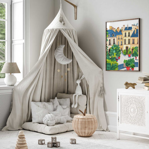 Peaceful Parisian courtyard artwork with rich greenery

