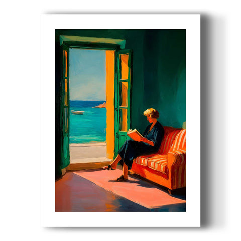 Peaceful and sunny vacation-themed art poster for a modern home interior.