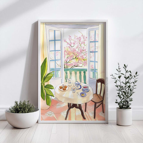 Peaceful breakfast nook with elegant tea set and floral view

