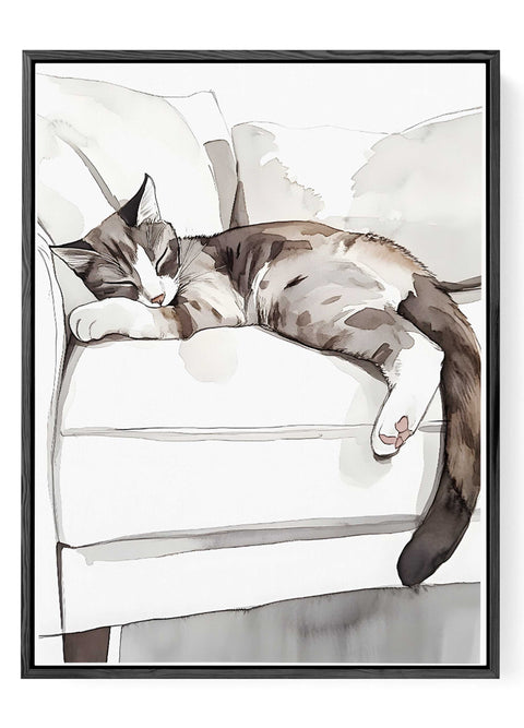 Peaceful cat illustration resting on a cushioned couch

