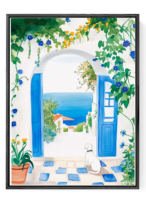 Peaceful coastal doorway with dog watercolor print

