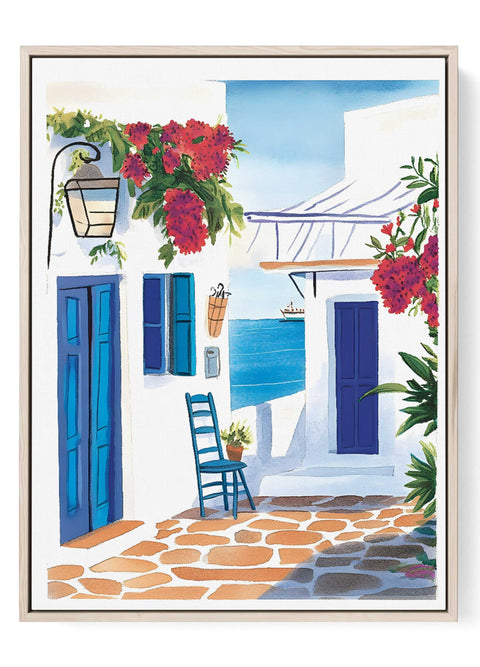 Peaceful coastal watercolor with white homes and boat on the water

