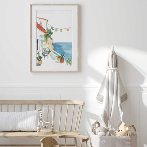 Peaceful ocean balcony art print with terracotta pots

