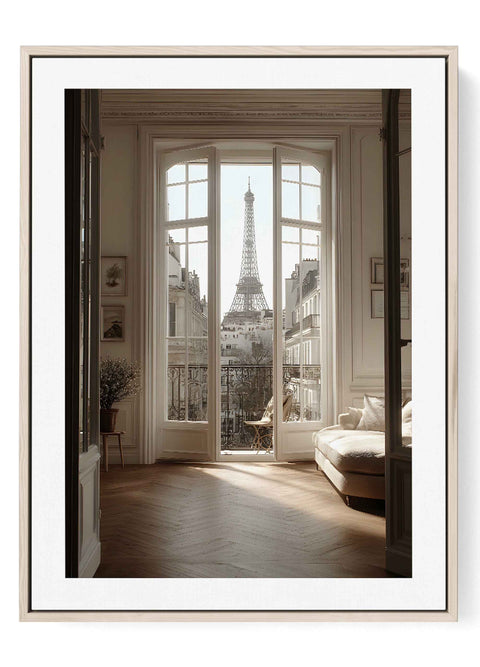 Photography print of the Eiffel Tower seen from a Haussmann balcony in Paris.
