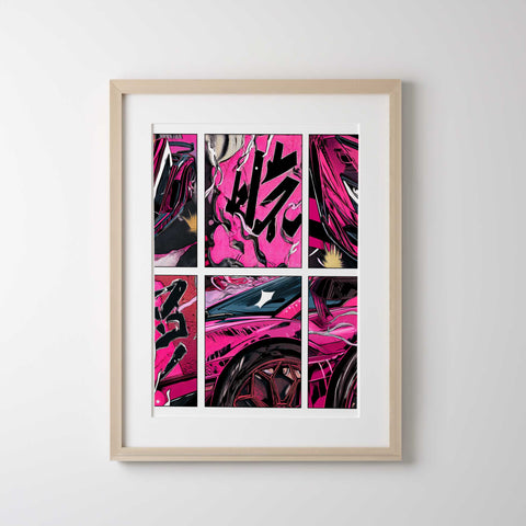 Pink Lamborghini SVJ manga poster with 6 panel comic art