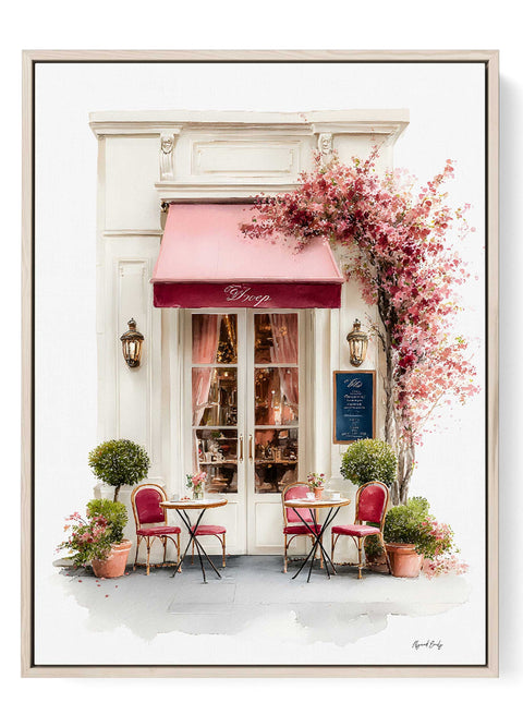 Pink Paris cafe wall art with French bistro watercolor design