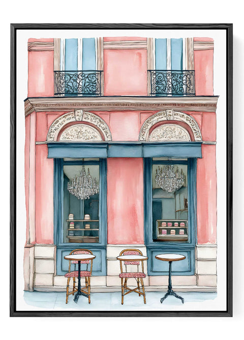 Pink building with café chairs illustration