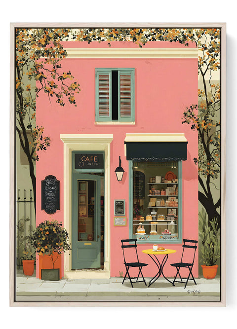 Pink cafe wall art with European coffee shop watercolor design