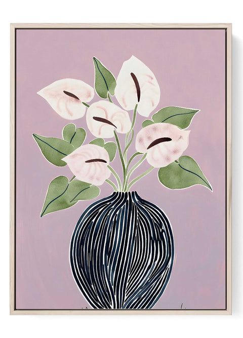 Pink calla lily wall art print with navy striped vase on soft blush background