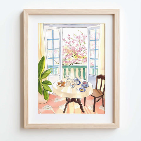 Pink cherry blossom view behind tea table and ornate dishes

