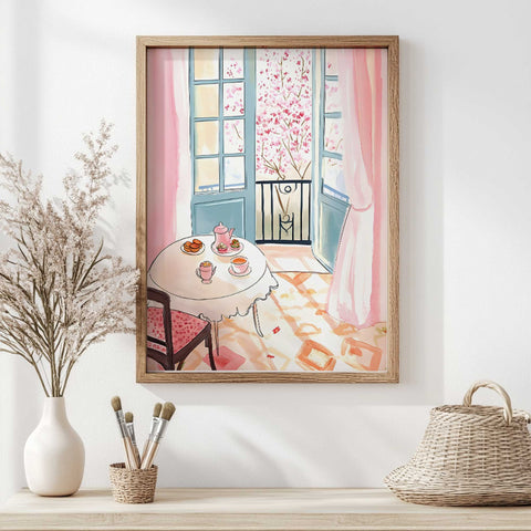 Pink floral breakfast scene in French interior watercolor art

