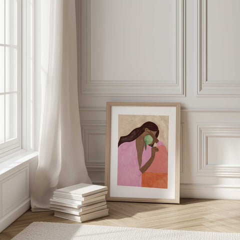 Pink, orange, and green color palette in a sophisticated abstract print.