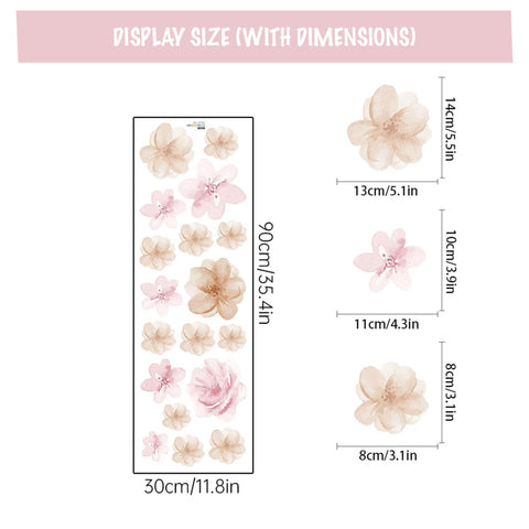 Floral wall decal with dimensions on a white background