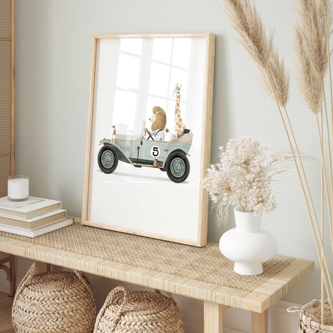 Playful Animal Print – Lion Driving Car Scene
