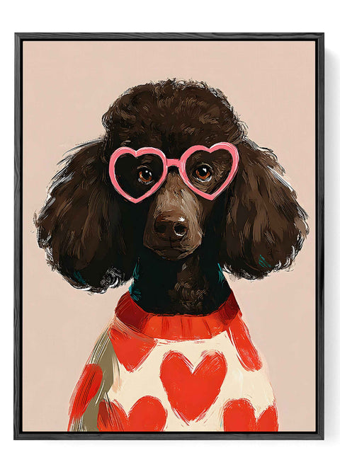 Playful brown poodle dog wall art illustration in red and cream tones