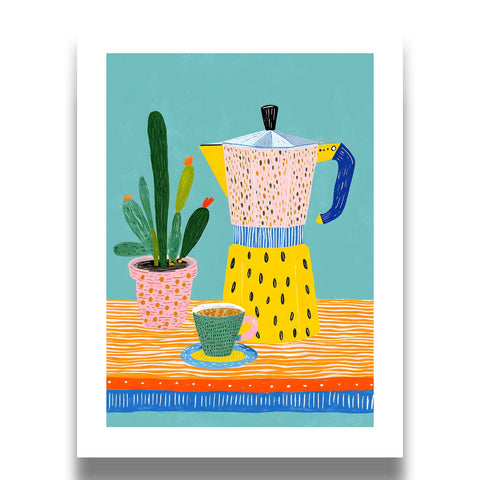 Playful moka pot coffee illustration print