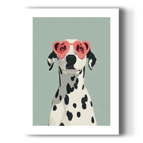Playful pet illustration with crisp black spots and coral pink heart frames