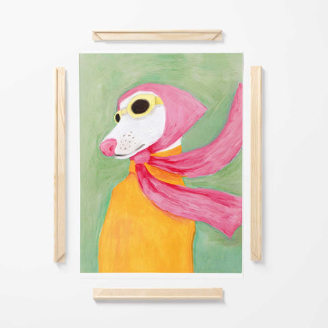 Playful white dog artwork with green background