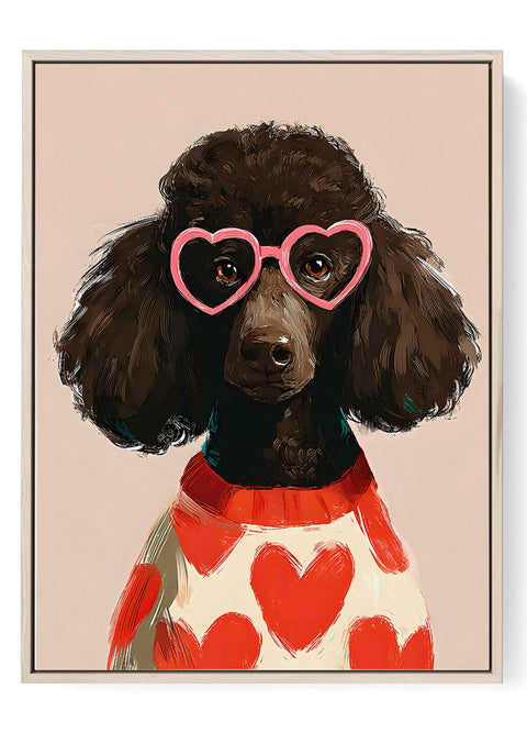 Poodle hearts portrait art print with pink heart glasses and red sweater