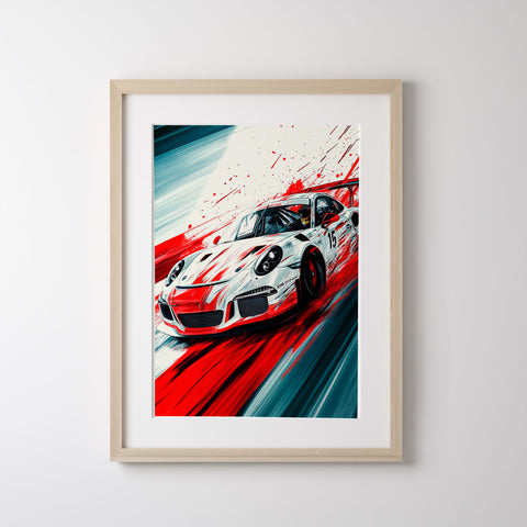 Porsche 911 GT3 RS poster with red abstract racing car wall art