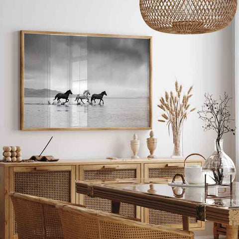Powerful monochrome three horses running poster for luxury gallery wall upgrade