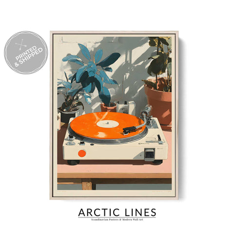 Record player with plants sunlight art print