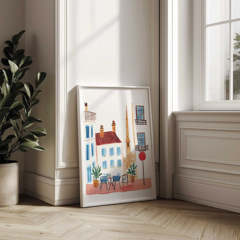 Red-roof buildings and café table art