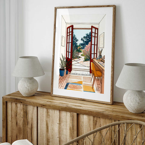 Red French doors to outdoor garden