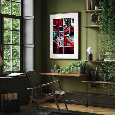 Red Porsche 911 manga comic style art print wall decor