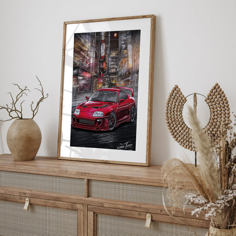 Red Toyota Supra MK4 driving through neon Tokyo city street