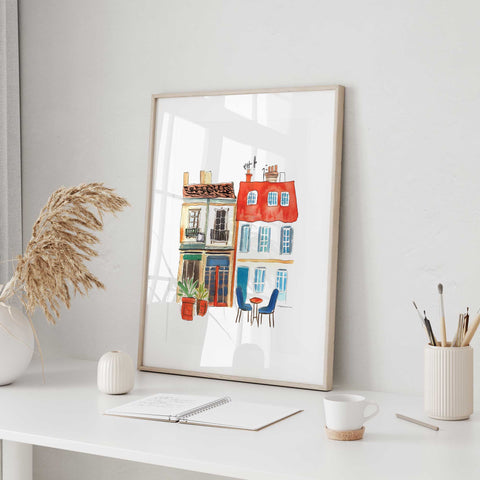 Red and blue rooftop houses artwork