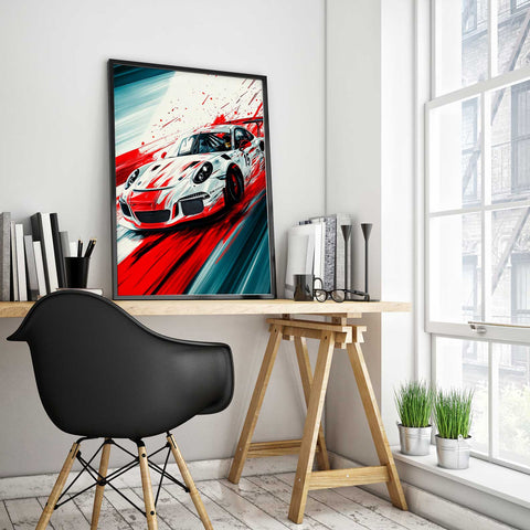 Red and white Porsche 911 GT3 RS poster with dynamic speed lines