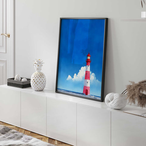 Red lighthouse coastal art illustration