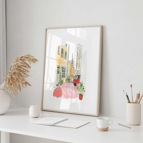 Red scooter in European alley watercolor