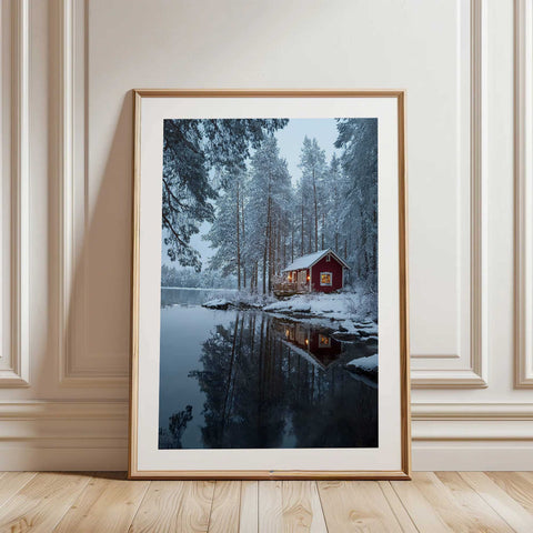 Red wooden cabin in snowy landscape by twilight lake framed artwork