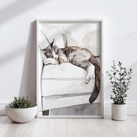 Relaxing cat pose painted in soft neutral tones

