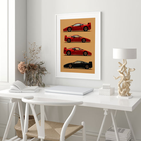 Retro Ferrari F40 print featuring technical car drawings