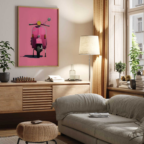 Retro vespa pink wall art illustration